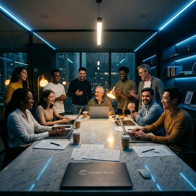 The CodeClinch team collaborating in a modern office