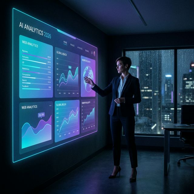 A business professional standing in front of a glowing AI-powered analytics dashboard in 2026