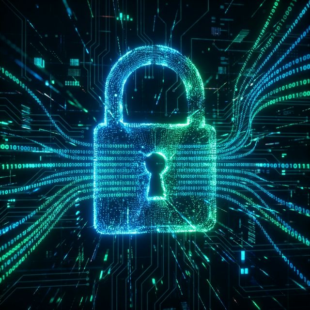 A glowing digital padlock surrounded by binary code representing cybersecurity for websites