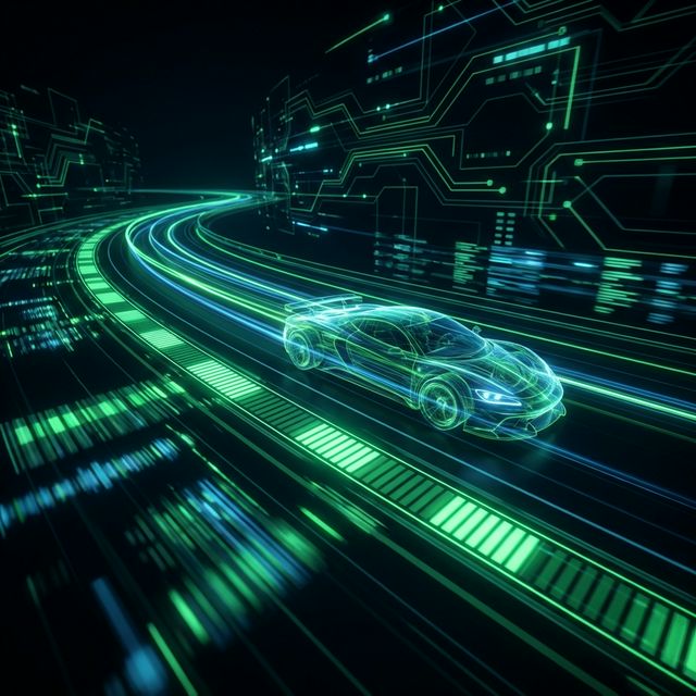A neon wireframe supercar speeding along a glowing digital highway representing website speed optimization